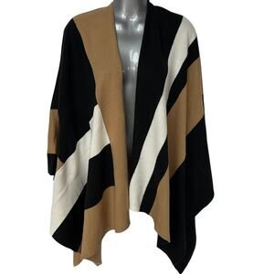 Parrish LA Sweater Poncho Wrap Open Front Cardigan Tan Black Off White One Size